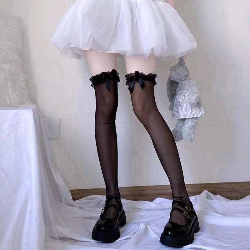 Ninejuize Thigh High Stockings with Bow, Santa Accessory Y2K Fishnet Socks with Lace Brim Lingerie Tights for Women - Image 3